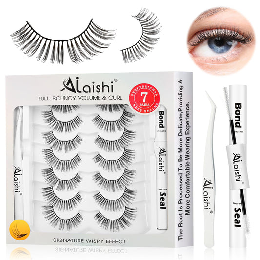 Wispy False Eyelashes Kit With Bond, Seal and Tweezer, 7 Pairs Natural Look Fake Cat Eye Lashes Strips Thin Band Extensions Waterproof Easy Eyelashes for Beginners DF1