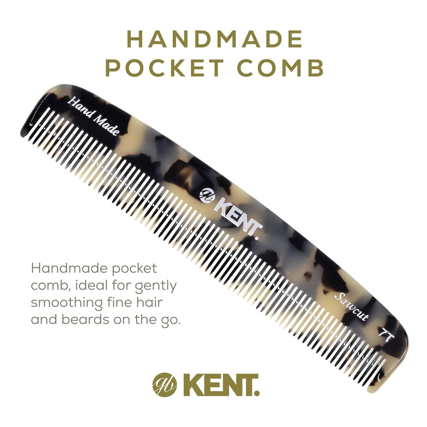 Kent 7T TW All Fine Tooth Pocket Comb for Men - Handmade Hair Comb for Men for Everyday Grooming and Styling - Travel Comb for Hair Care, Mustache and Beard Care, Use Dry or with Balms, Saw Cut and