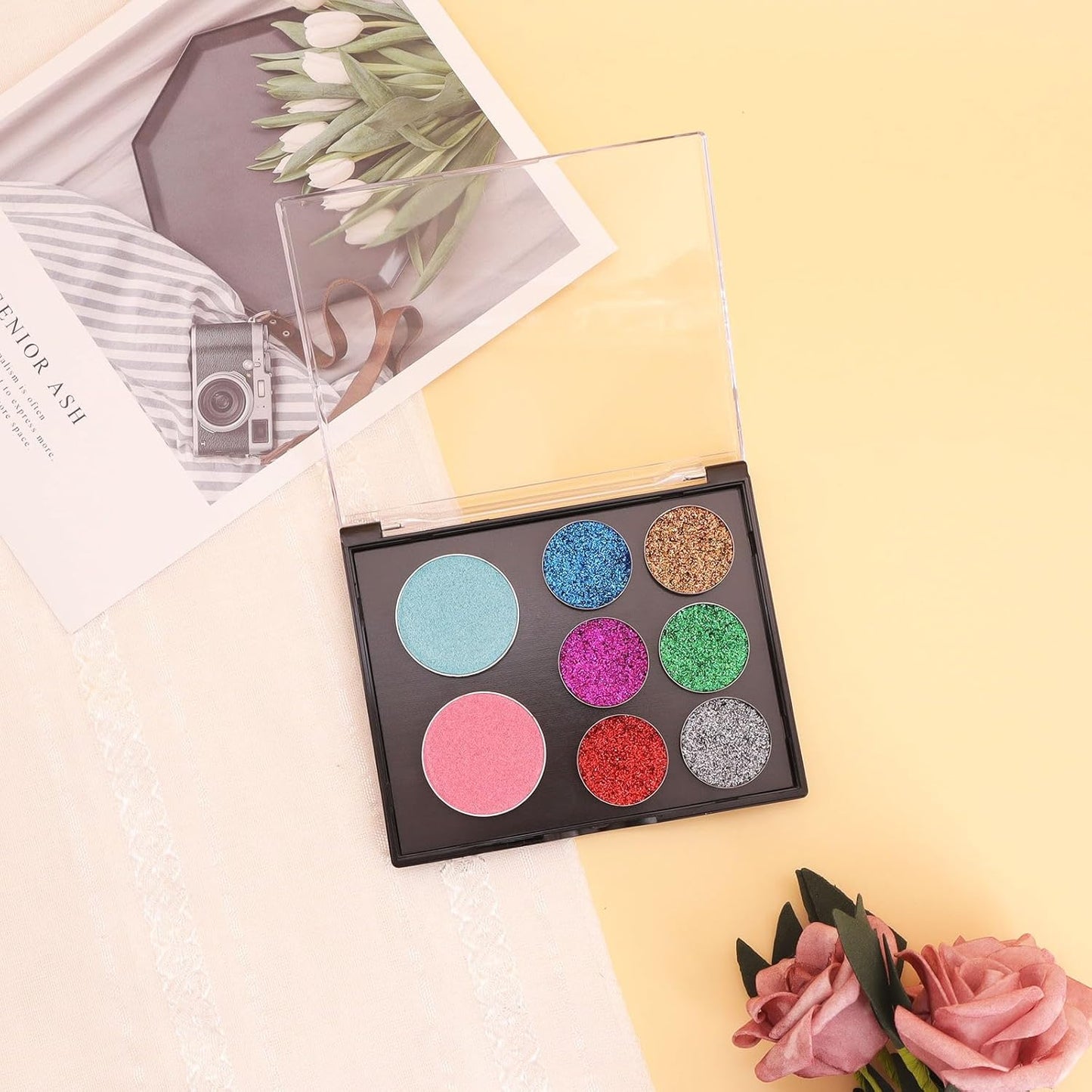 Empty Magnetic Eyeshadow Palette with Clear Top, Travel Makeup Organizer with 40Pcs Adhesive Metal Stickers For DIY Your Own Eyeshadow Lipstick Blush Powder (Small Palette - 4.8'' x 4'')