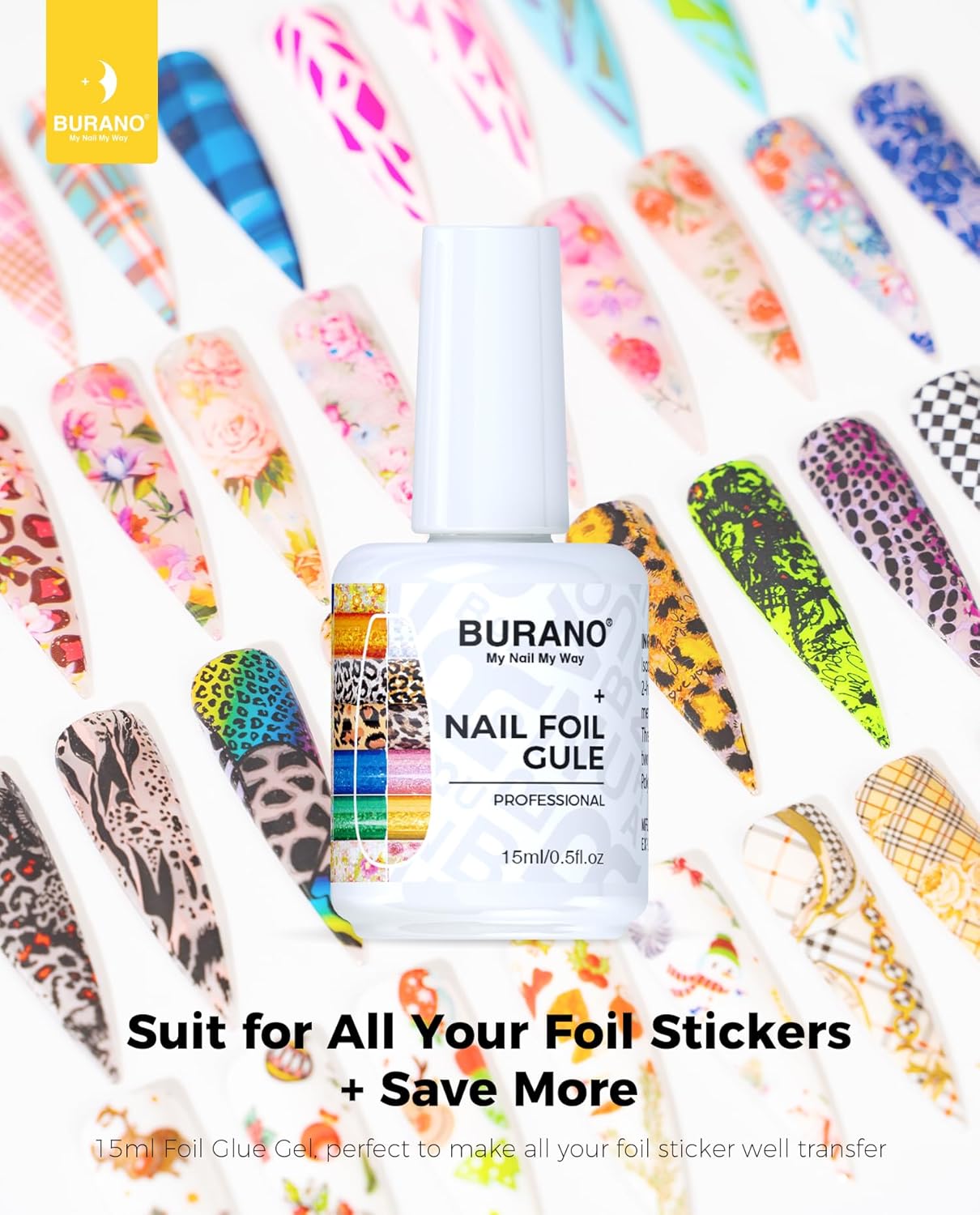 BURANO Nail Art Nail Foil Glue Gel, o.5 oz with 10PCS Foil Stickers Set Nail Foil Glue for Nails Foil Transfer Gel, Nail Design DIY UV LED Lamp Required (Animal Foil 07)