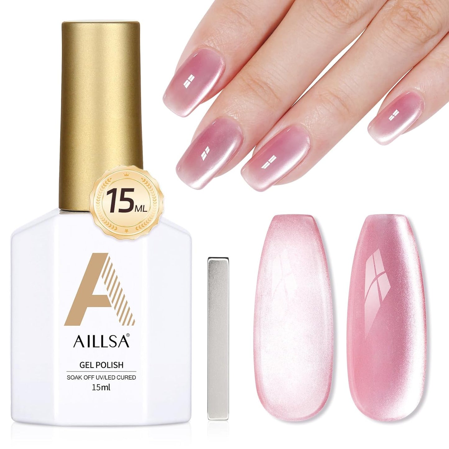 AILLSA Glass Cat Eye Gel Nail Polish, 15ml Pink Glitter Jelly Sheer Gel Polish, Translucent Magnetic Shimmer Sparkle Nail Art U V Salon 0.5 OZ GF36
