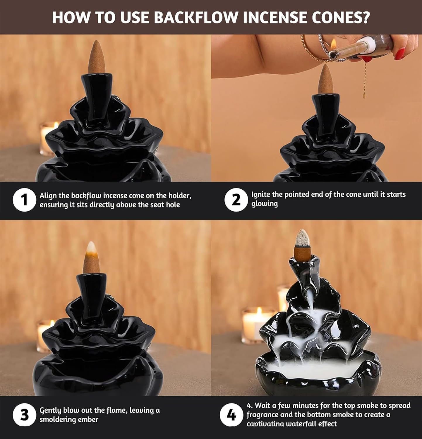 Folkulture Backflow Incense Cones for Home | Pack of 2 (20) Waterfall Sleep Incense Cone Scented | Dual Set - Ylang Ylang & Jasmine | Natural Fragrances | Barossa Rose Plum Incense