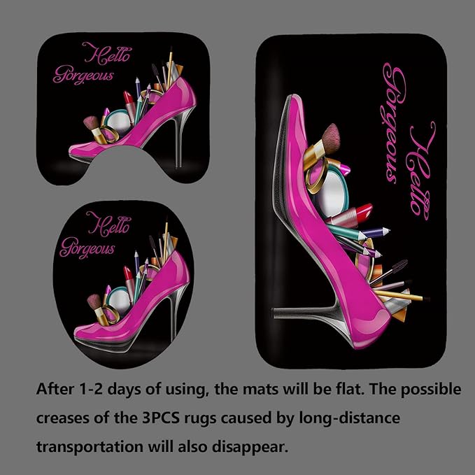 4PCS Hello Gorgeous Shower Curtain Set, Hot Pink High Heels Lipstick Makeup Fashion Girls Women Bathroom Decor, Waterproof Fabric Black Shower Curtain, Non-Slip Bath Mat Toilet Rug, Hot Pink