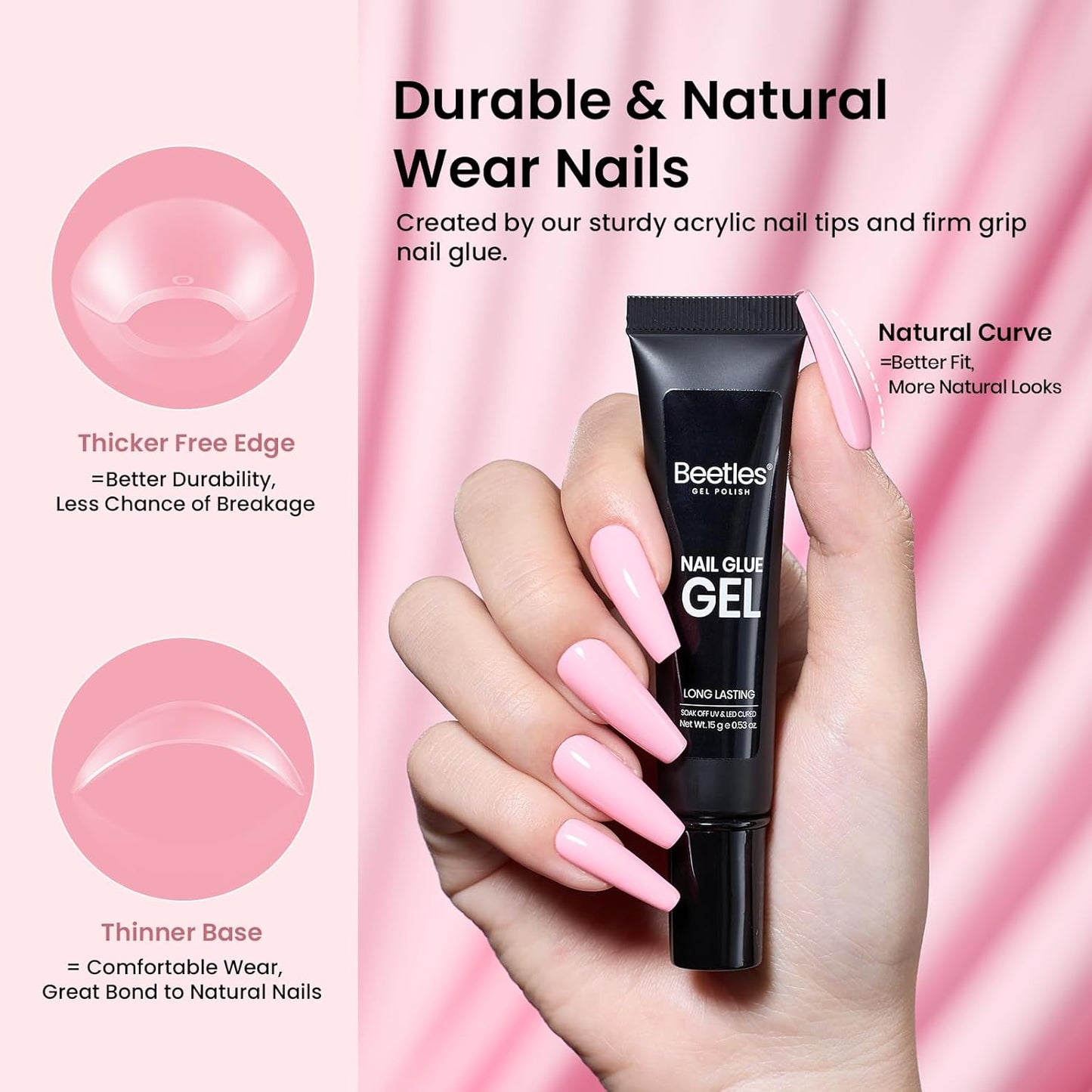 Beetles Gel Nail Kit Long Coffin with Nail Dehydrator and Primer, 576Pcs Half Matte Etch-X Gel Nail Tips Solid Nail Glue Mini Nail Lamp Acrylic Nail Tips Easy DIY Nail Extension Set Gift for Women
