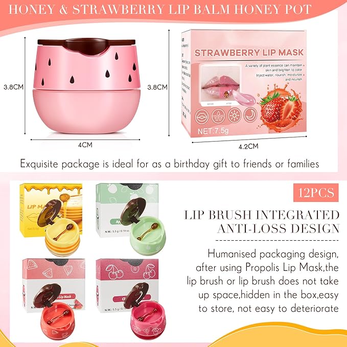 12 Pcs Bee Lip Balm Honey Pot with Brush Propolis Lip Mask Overnight, Moisturizing Hydrating Lip Sleeping Mask Prevention Dry and Cracked(Honey+Strawberry+Watermelon+Apple Lime+Cherry)