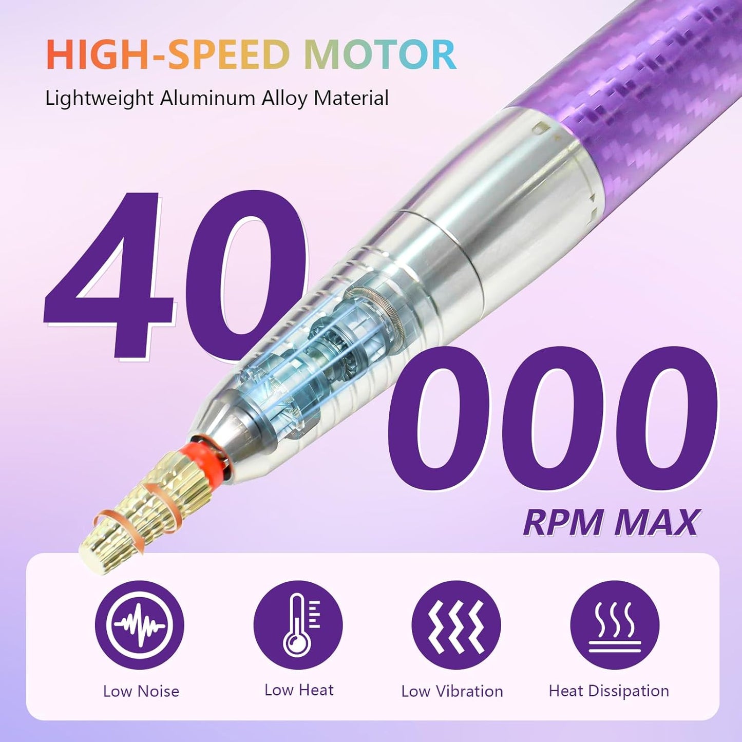 BETE Professional Nail Drill Machine, 0-40000RPM Brushless Durable Electric Nail File for Acrylic Gel Nails, Rechargeable Nail Drill with Charging Base with 6pcs Drill Bits for Salon Home, Purple