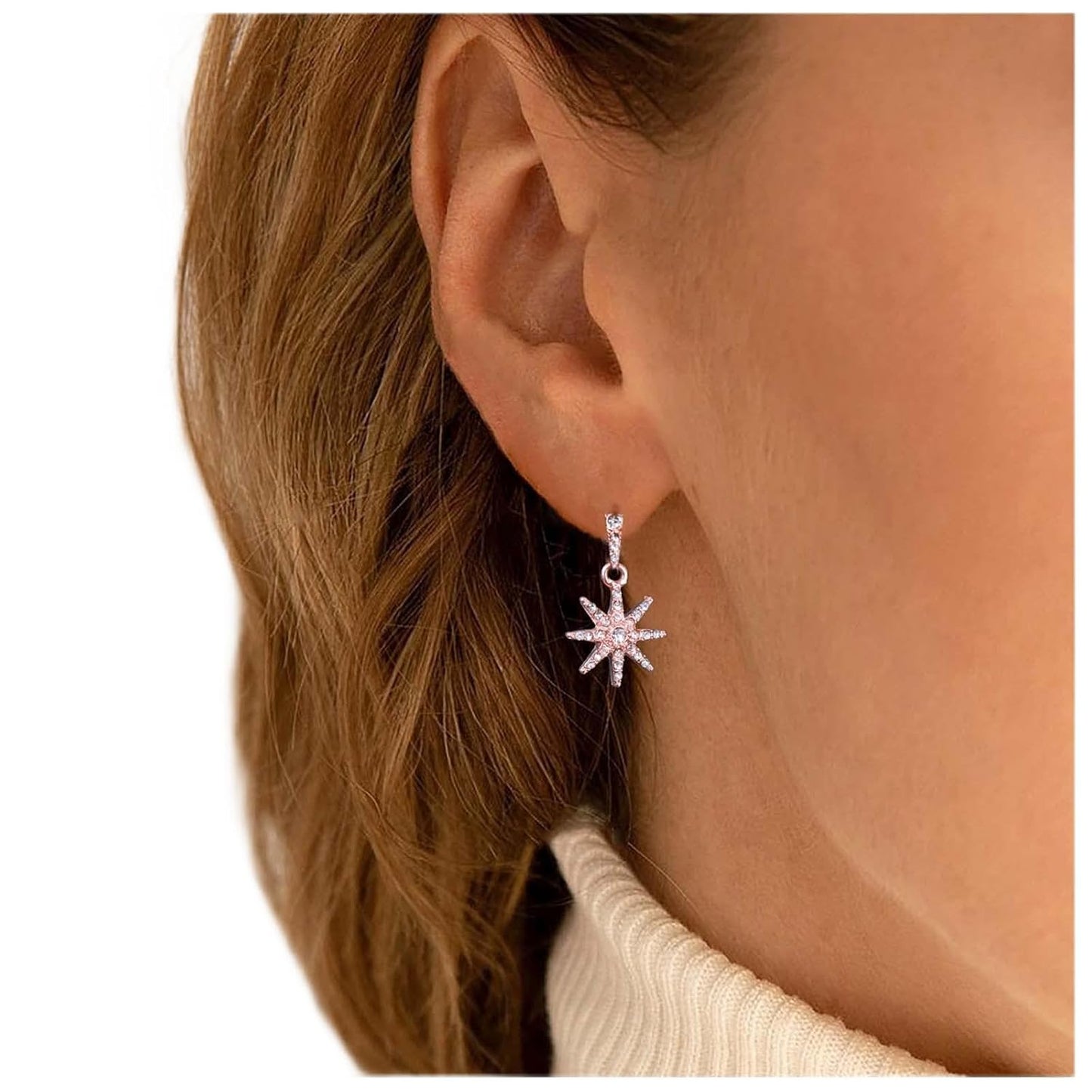 Boho Crystal Sunburst Earrings Rose Gold Star Drop Stud Earrings Cz Paved Starbust Earrings Celestial Earrings Jewelry for Women and Girls