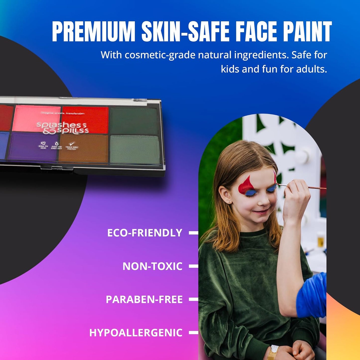 Professional Face Painting Palette - Skin Friendly Face Paint Kit - Cruelty-Free & Vegan Water Based Face Paint Makeup for Theatre, SFX & Halloween- 8 Colors 5g Each- Splashes & Spills- Regular Colors