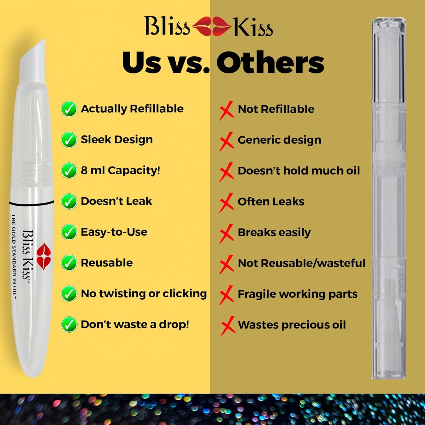 Bliss Kiss Refillable Cuticle Oil Pen for Nails - Empty 8 ml Squeeze Nail Oil Pen with brush applicator from 1-Pack