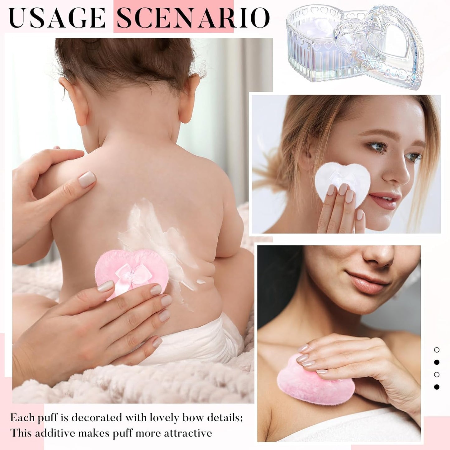 Tioncy 3 Pcs Large Body Powder Puff and Powder Container with Puff Crystal Container Soft Washable Reusable Velour Face Body Glitter Wet Dry Makeup Heart(Dazzling)