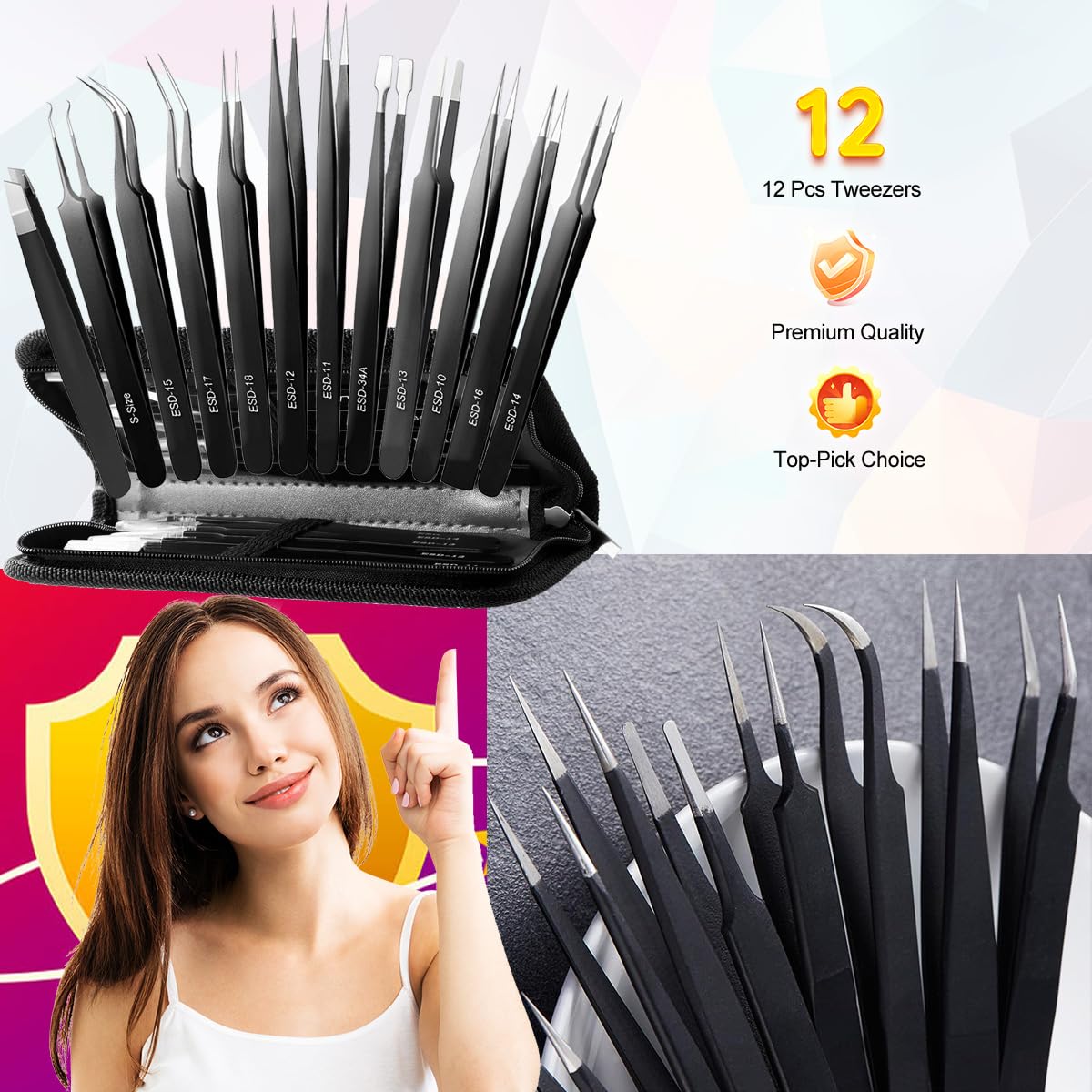 Antonki 12 Pack Precision Tweezers Set for Craft, Soldering, Jewelry, Facial Hair, Eyebrow, Ingrown Hair Removal, Eyelash Extension- with Case