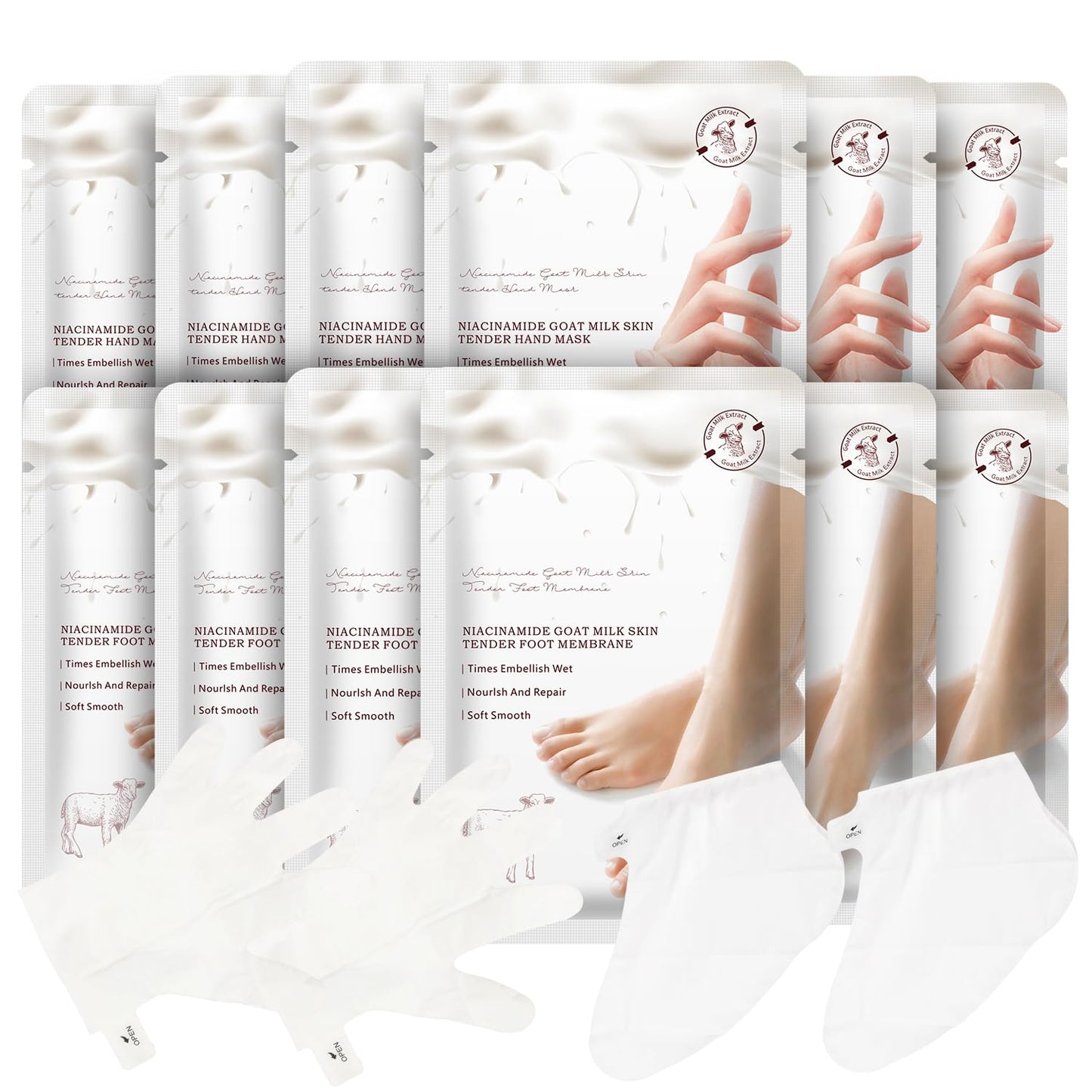 Hydrating Hand Foot Masks Set for Women Men,6 Pack Glove Mask for Dry Hand & 6 Pack Socks Mask for Dry Cracked Feet（Milk）