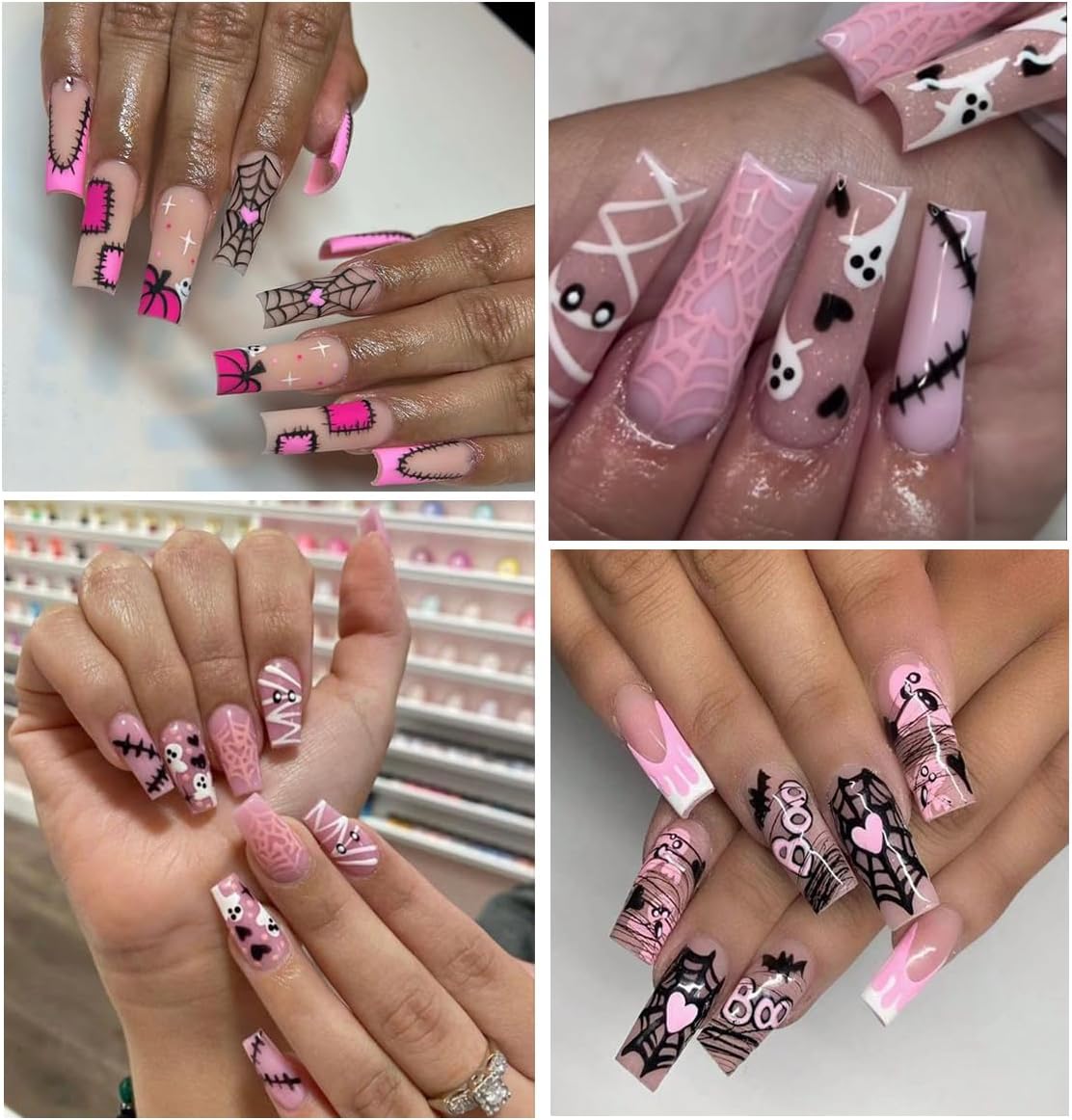 6Sheets Halloween Nail Stickers - Cute Ghost Nail Decals, 3D Self-Adhesive Pink Pumpkin Spider Web Mummy Ghost Nail Art Design Stickers for Women