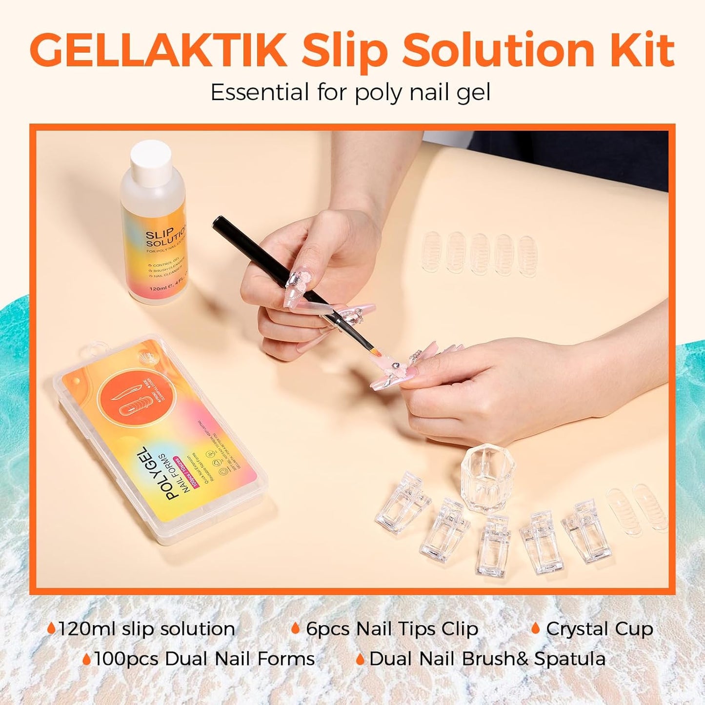 100Pcs Nail Forms Kit, 10 Sizes Reusable Dual nail Forms for Poly Gel & Builder Gel, 120ml Slip Solution Liquid, 6 Clips, Dual-Ended Brush, Nail Art Cup, DIY Pedicure Kit for Beginners