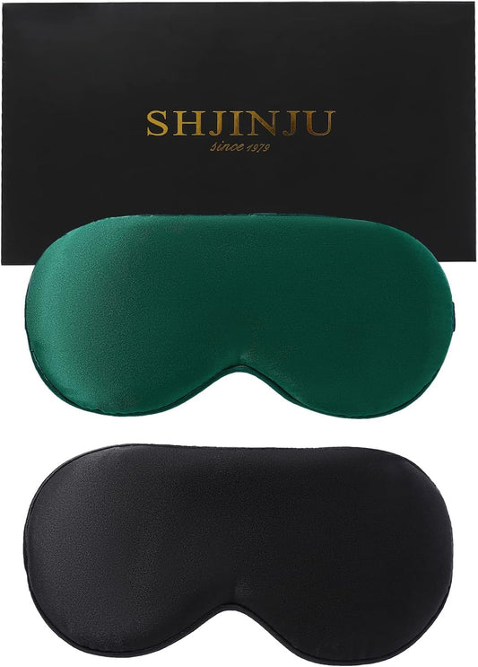 2-Pack 100% Real Natural Silk Eye Mask, Silk Sleeping Mask, Shade Puffy Eye Gift with Adjustable Straps, Sleep Eye Mask, SHJINJU Eye Mask Shade (Black and Dark Green)