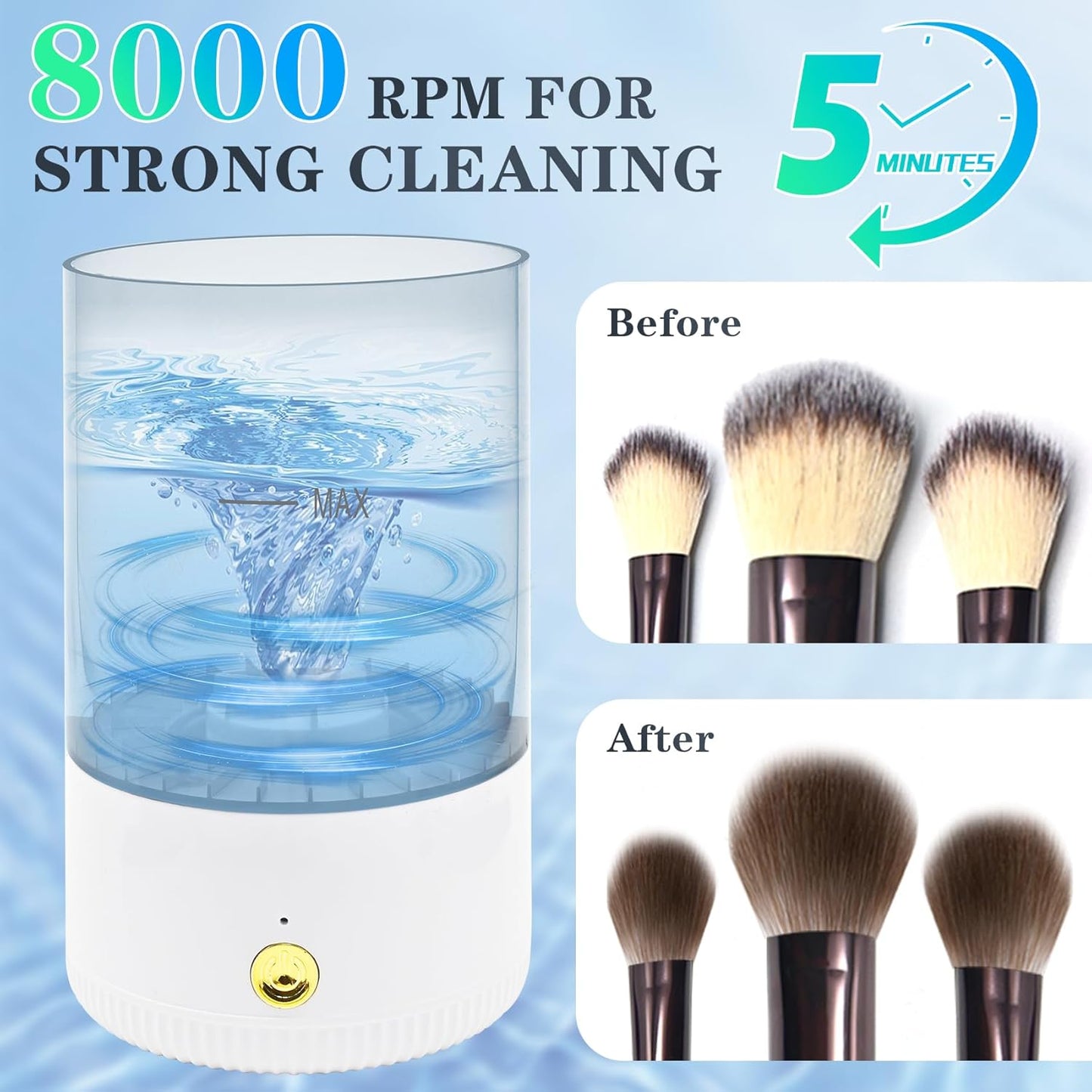 Makeup Brush Cleaner,Low noise and 8000 RPM Electric Makeup Brush Cleaner Machine for Deep Cleaning,Automatic Spinning Cosmetic Brush Cleaner for All Size Makeup Brushes and Sponges(White)