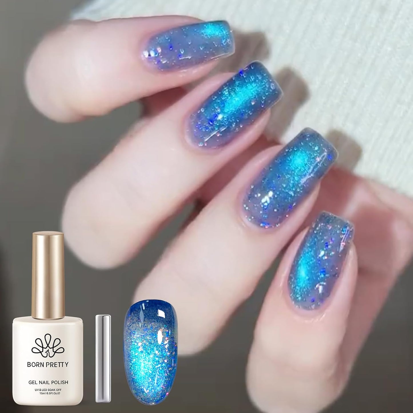 BORN PRETTY Blue Cat Magnetic Eye Gel Nail Polish Shimmer Glitter Holographic Aurora Blue Magnetic Gel Polish Nail Art Manicure DIY at Home 15ML