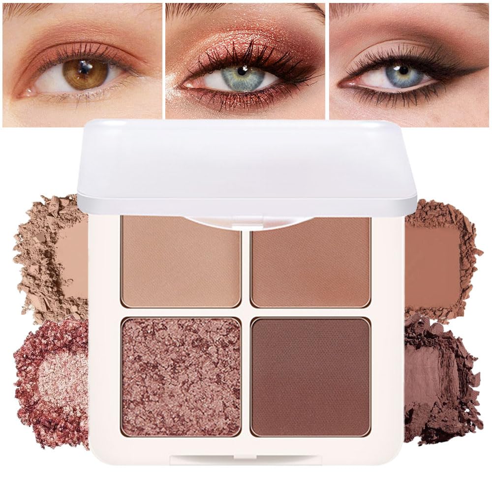 4 Colors Matte Shimmer Eyeshadow Makeup Palette,Nude Light Dark Brown Rose Gold Natural Neutral Eye Shadow Palette,Long Lasting Waterproof Naturing-Looking Women Girls Eye Shadow
