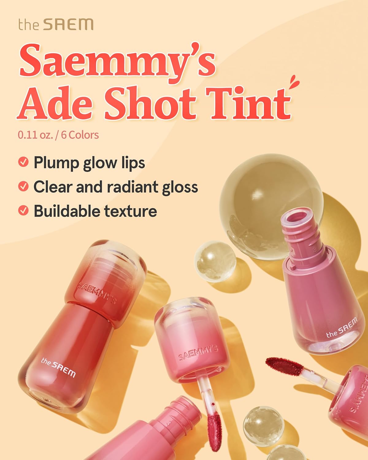 THESAEM Saemmy's Ade Shot Tint (01, 06) - Korean Lip Titnt, Water Gel Lip Stain with Plump Glowy Moisturizing Finish, Buildable Radiant Gloss, Long-Lasting Comfort, 0.1 fl.oz.