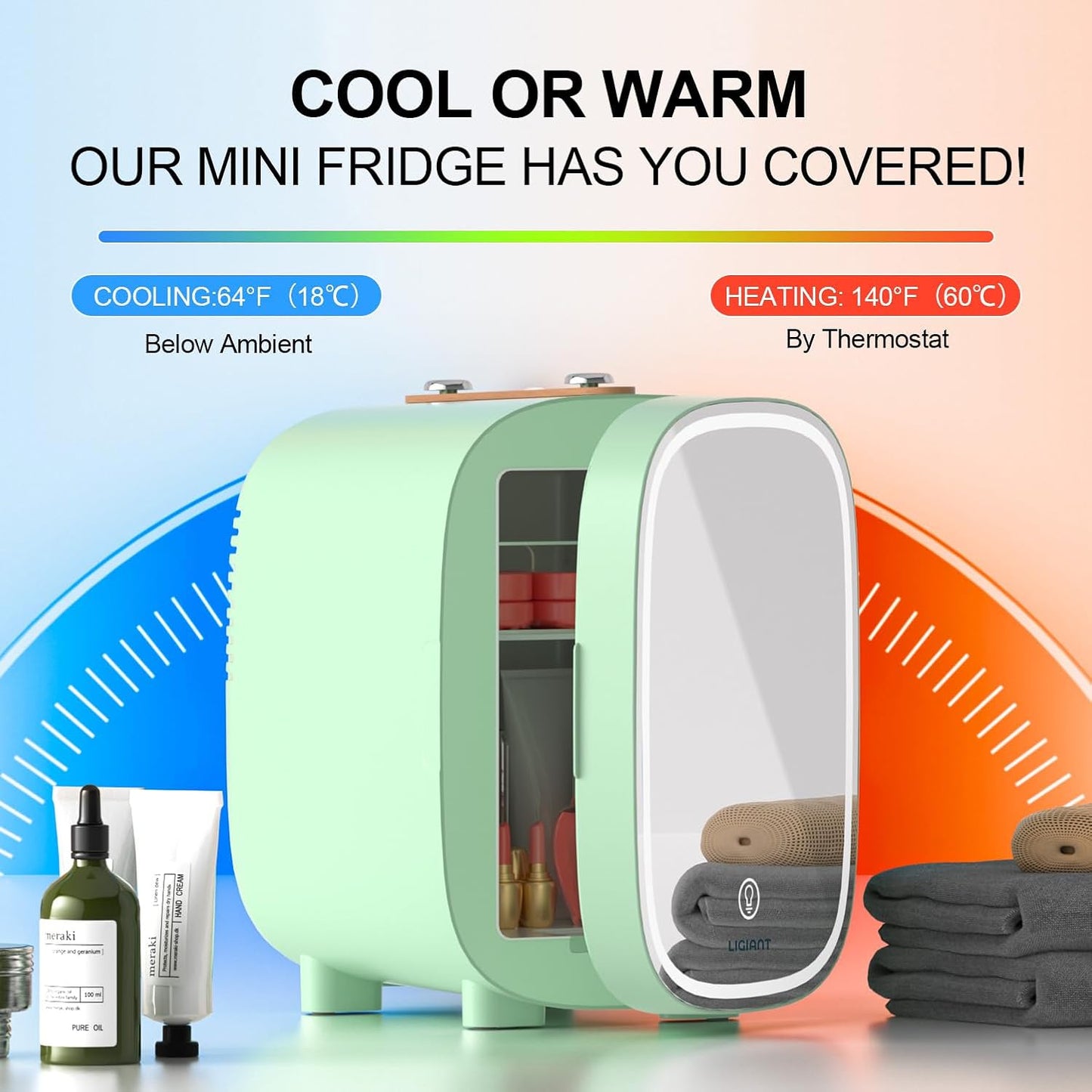 DF01A Skincare Fridge, Mini Fridge for Skincare with 3-Level Dimmable LED Light Mirror, Low Noise 4L Makeup, Cooler & Warmer, Portable Design for Multiple Uses - Bedroom, Office, and Car