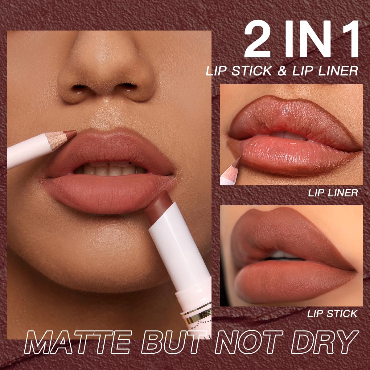 USHAS 2 in 1 Waterproof Lipstick and 24H Lip Liner Set - Long Lasting Matte Lipstick Pen Kits