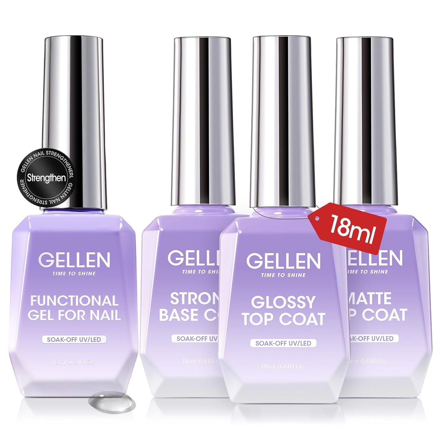 GELLEN 4Pcs Gel Top Coat and Base Coat with Nail Strengthener Set for Gel Nail Polish, 18ml Soak Off Nail Lamp Clear Nail Polish Set