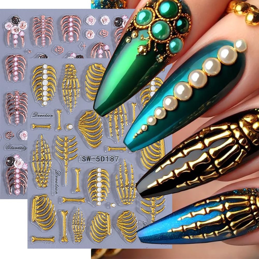 2 Sheets 5D Embossed Skull & Bone Nail Decals for Nail Art Self-Adhesive Halloween Nail Stickers Pink Hand Bone Rose Flower Nail Art Stickers Scary Gold Bones Design Decals for Women Nail Accessories