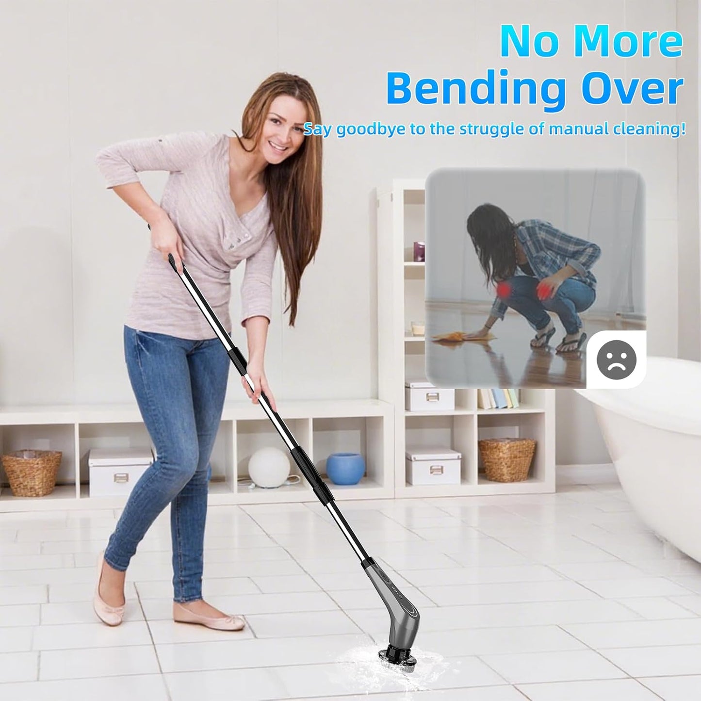 Gray Electric Spin Scrubber, Cordless Spin Scrubber with 8 Replaceable Brush Heads, Electric Scrub Brush with Adjustable Extension Handle, Electric Cleaning Brush for Bathroom, Tile and Bathtub