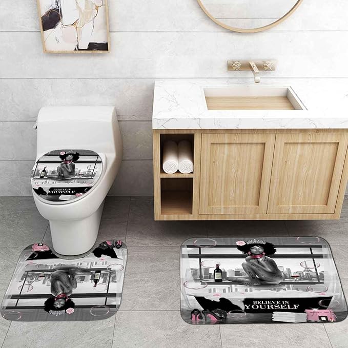 4PCS Sexy Black Girl Shower Curtain Set, Romantic Pink Floral High Heels Bubble Red Wine Afro Lady African American Woman Inspirational Quotes Bathroom Decor, Non-Slip Bath Rugs, Get Naked