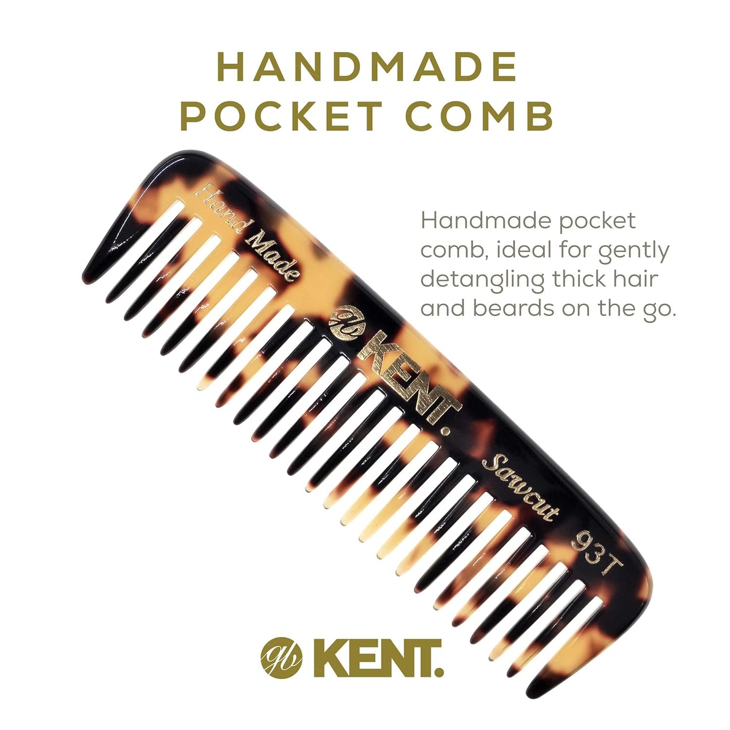 Kent 93T Tokyo Yellow Beard Comb for Men - Wide Tooth Men's Comb, Ideal For Mustaches and Beards and Facial Hair, Small Pocket Sized Travel Detangler Combs, Saw-Cut, Hand Polished, Made in England