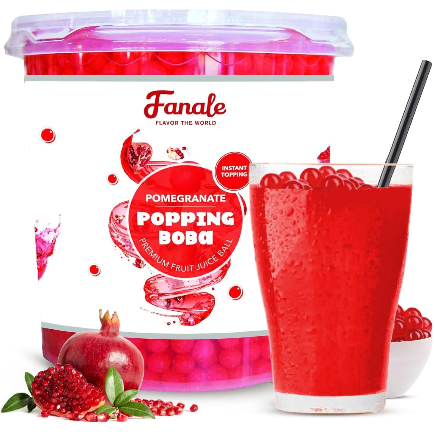 Fanale Pomegranate Popping Boba Pearls, Vegan, Non GMO, Gluten Free, Fat Free, Perfect for Bubble Tea, Smoothies, Ice Cream, Desserts, and Beverages.