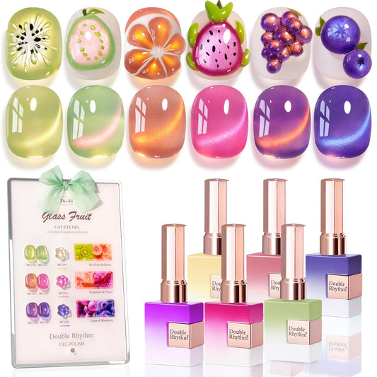 Double Rhythm Fruit Cat Eye Gel Nail Polish Set of 6 Same Color Same Bottle 0.5 Oz Shimmer Glitter with Magnet Holographic Reflective Magnetic UV Polish Kit at Home (Glass Rose Pink Green-T6-48)