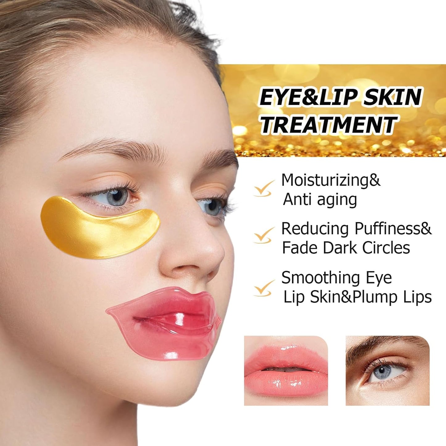 Jakuva 30 Pairs Lip Masks & Eye Masks,Gold Under Eye Patches for Puffy Eyes,Pink Lip Masks Skincare,Effectively Moisturizing the Lip & Eye Skin,Anti-Aging,Reducing Fine Lines,Nourishing for Face Care