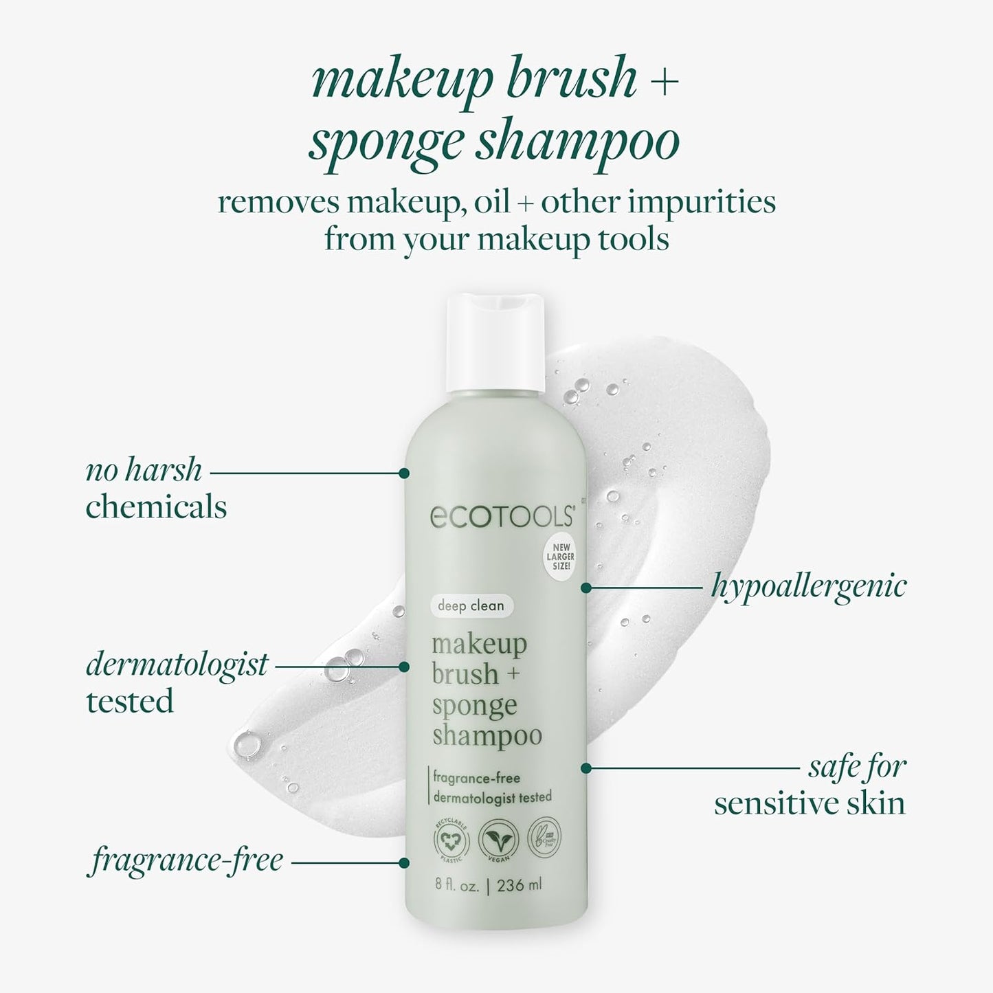 EcoTools Makeup Brush + Sponge Shampoo, Remove Makeup & Impurities From Tools, Sponges, & Puffs, Fragrance-Free Brush Cleanser, No Harsh Chemicals, Vegan, & Cruelty-Free, 8 fl. oz./236 ml. Bottle