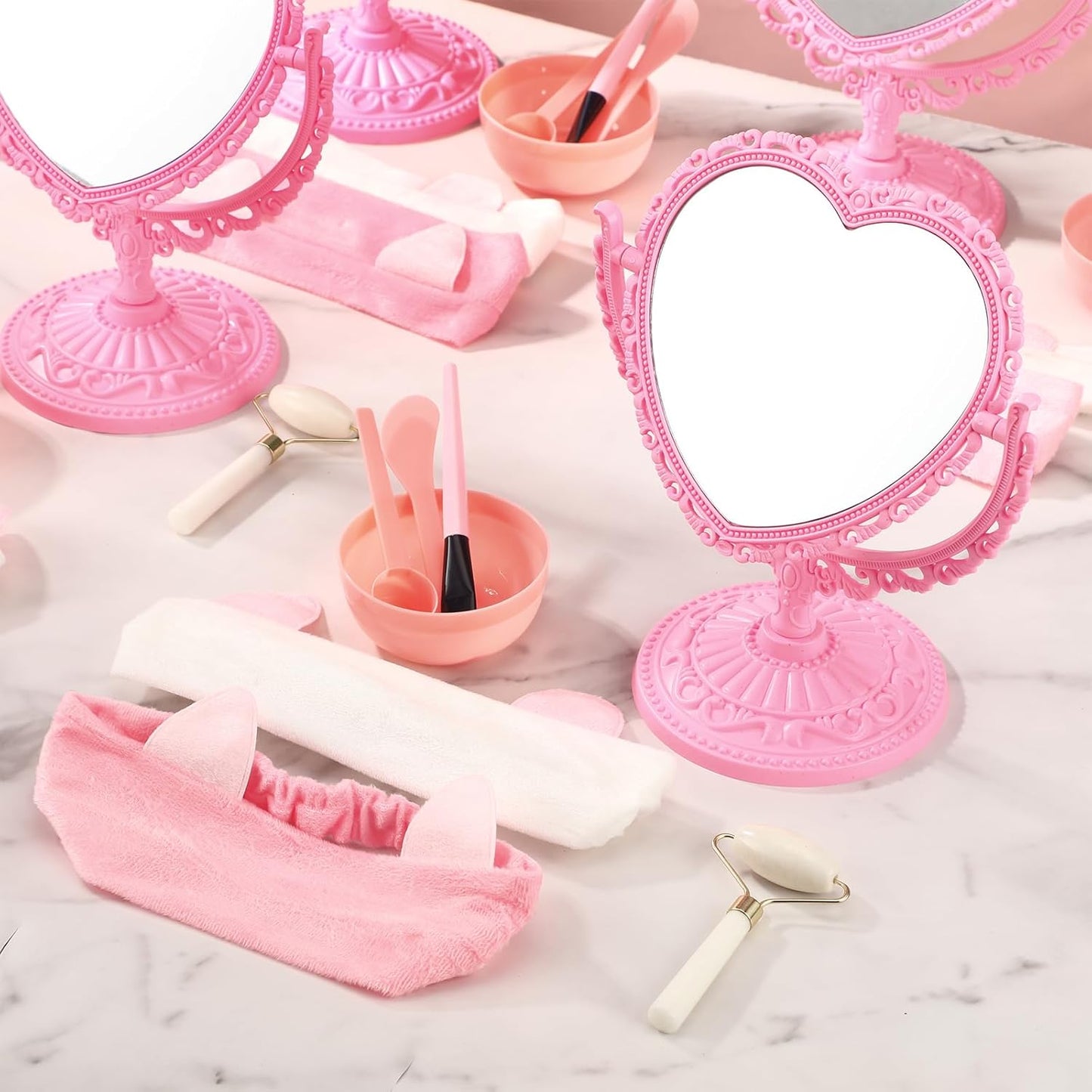 8 Set Spa Party Supplies for Girls Including 8 Heart Shaped Stand Mirrors 8 Jade Roller for Face 8 Face Brushes Kit 8 Face Mask Mixing Bowl 8 Headband for Sleepover Birthday Party Favors
