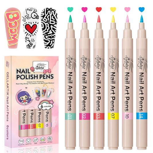 6 Colors Nail Art Pens Set, 3D Nail Polish Pens Quick-Drying Acrylic Paint Markers, Dotting Liner Brush for DIY Nail Design, Home & Salon Manicure Tools