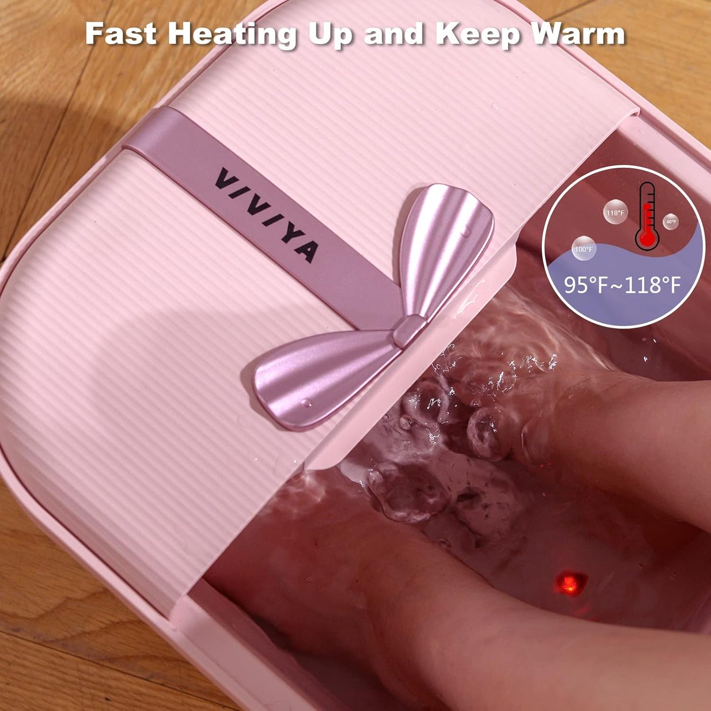 Collapsible Foot Bath Spa with heat and Massage Rollers, Foldable Foot Soak Tub with Bubbles Jets and LED light, Pedicure Foot Spa Massager with Foot Scrubber for Home Use (Pink)