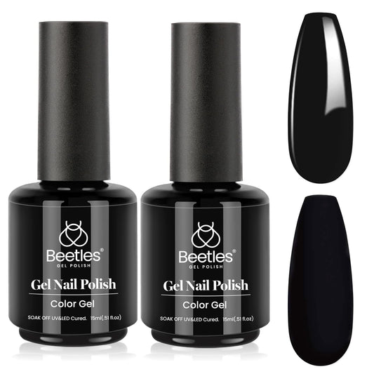 Beetles Black Halloween Gel Polish 2Pcs Pure Black Gel Nail Polish Set 15ml Dark Base Color Soak Off Uv Nail Lamp Art Manicure DIY Design Gift for Women Long Nights Collection