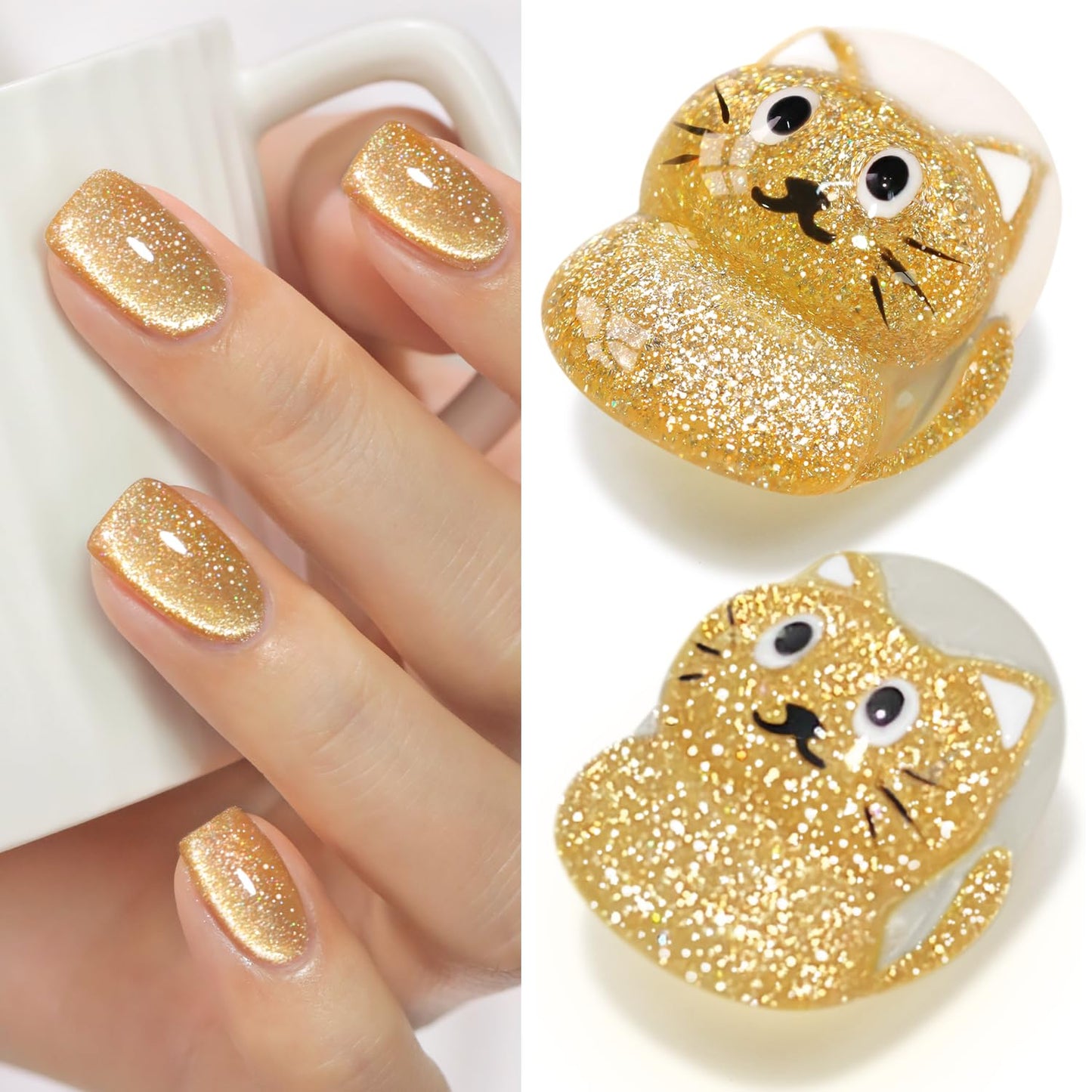 Double Rhythm Cat Eye Gel Polish with Magnet 15ML Holographic Glitter Shimmer Translucent Sheer Color Glass Magnetic Gel Polish Salon DIY at Home (Light Gold-MC1064)