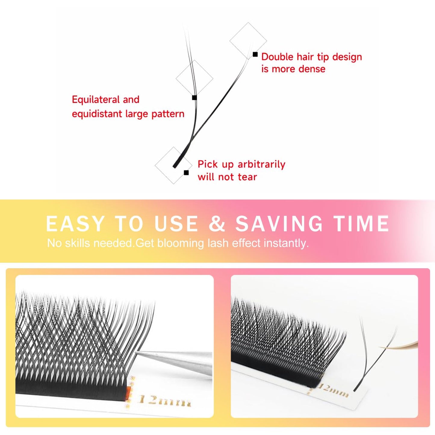 YY Lash Extensions Supplies Y Eyelash Extensions 0.05mm Thickness C Curl 9mm Premade Fans 4D Russian Volume Matte Black 12 Rows Crisscross Eye Lashes(YY-0.05-C,9mm)