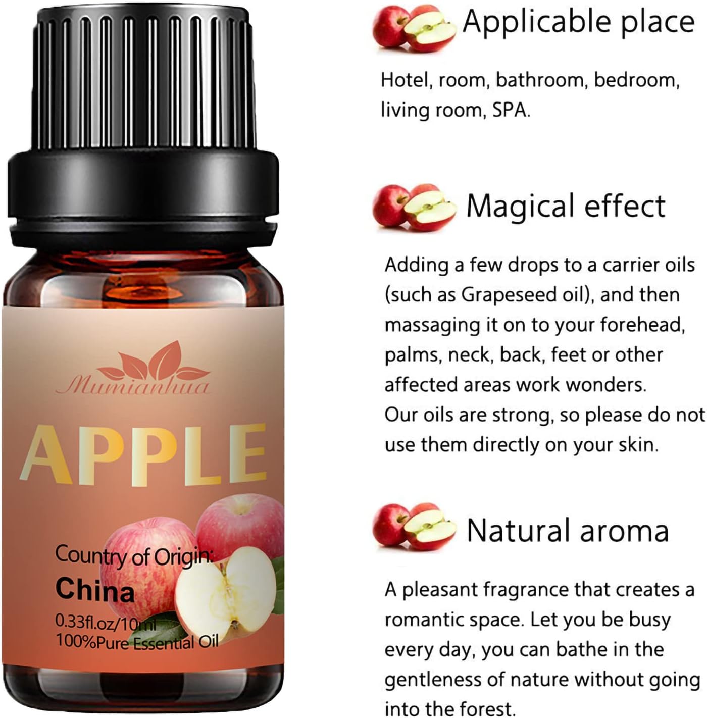 Apple Essential Oil Pure, Mumianhua Natural Therapeutic Grade Aromatherapy Apple Oil for Diffuser, Scented Candles, Car Air Soap, Hair,Skin, Spa, Massage, Yoga, Perfume 0.33 Fl Oz
