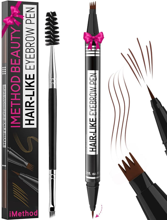 iMethod Eyebrow Pen - Eyebrow Pencil Magical 2-in-1 Eye Brow Pencils for Women with 4-Fork-Tip & Precise Brush-Tip for Natural Hair-Like Brows, Last All-Day, with Eyebrow Spoolie Brush, Reddish Brown