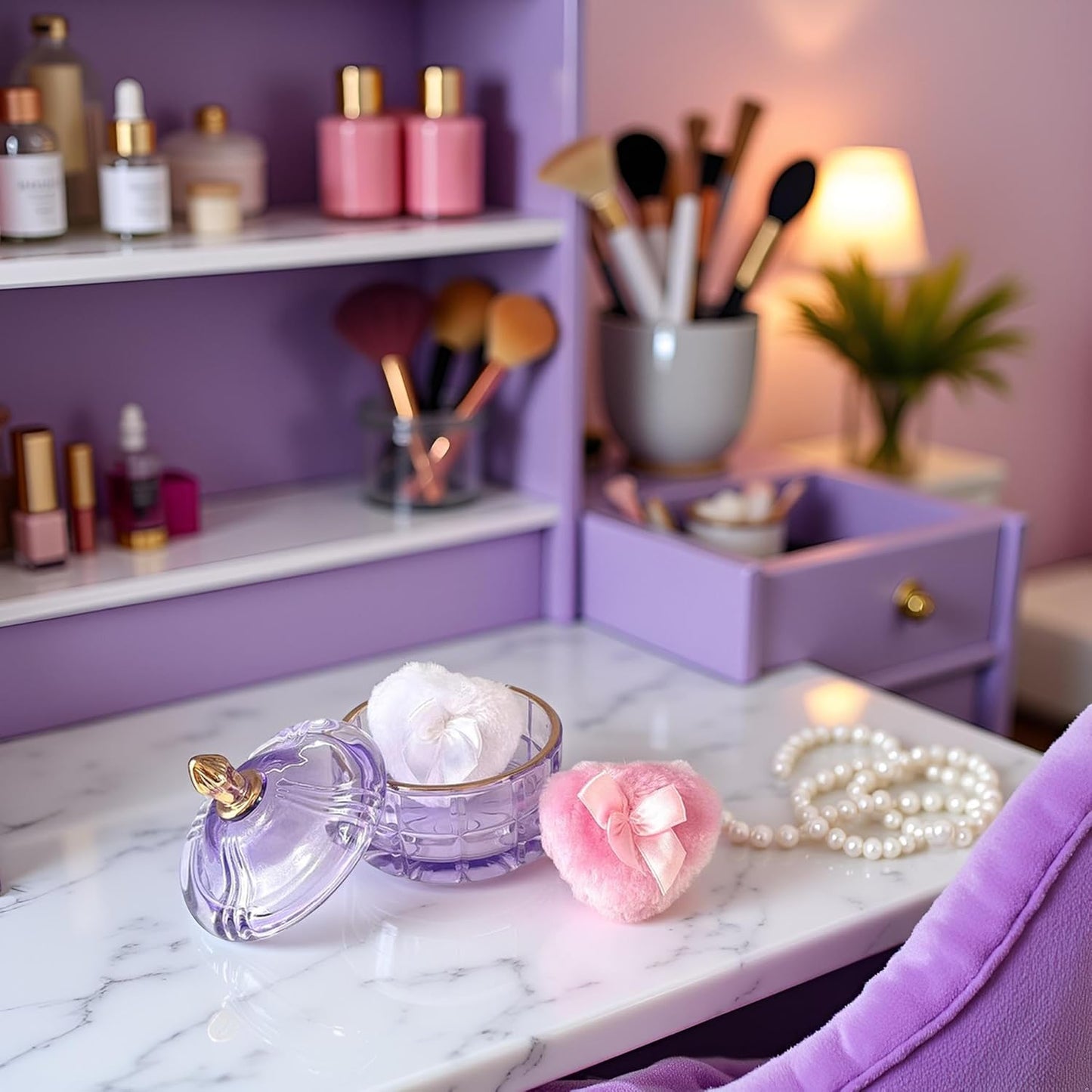 Body Powder Puff and Container - Glass Dusting Powder Container with 2 Soft Puffs Vintage Powder Puff Case for Women & Girls (3.94x3.94x3.94 H in) - GRB011-Purple