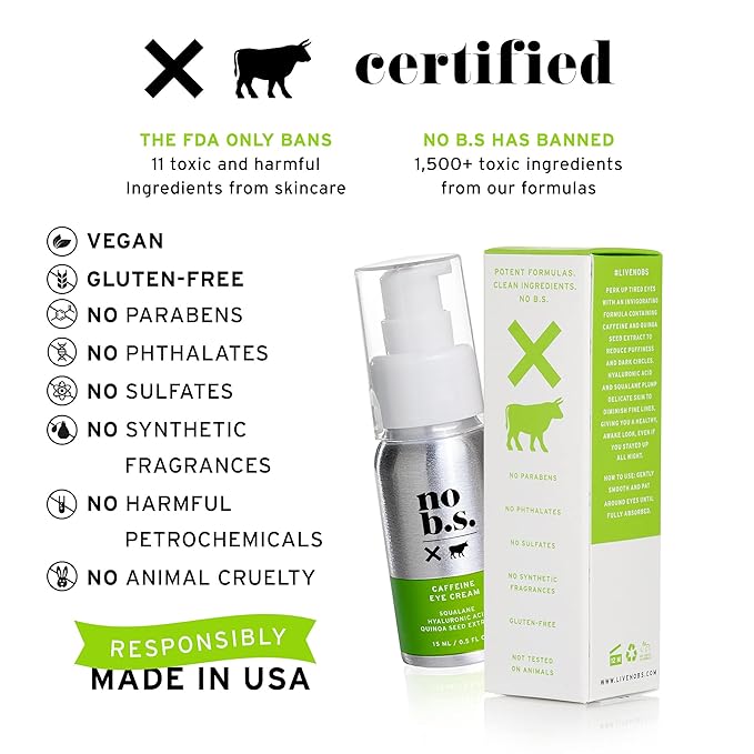 No B.S. Caffeine Eye Cream with Pure Hyaluronic Acid & Plant Based Squalane Oil, Under Eye Cream for Dark Circles & Puffiness, Skin Care for Women & Men, Travel Size, 0.5 FL Oz, and CoQ10 for Wrinkles