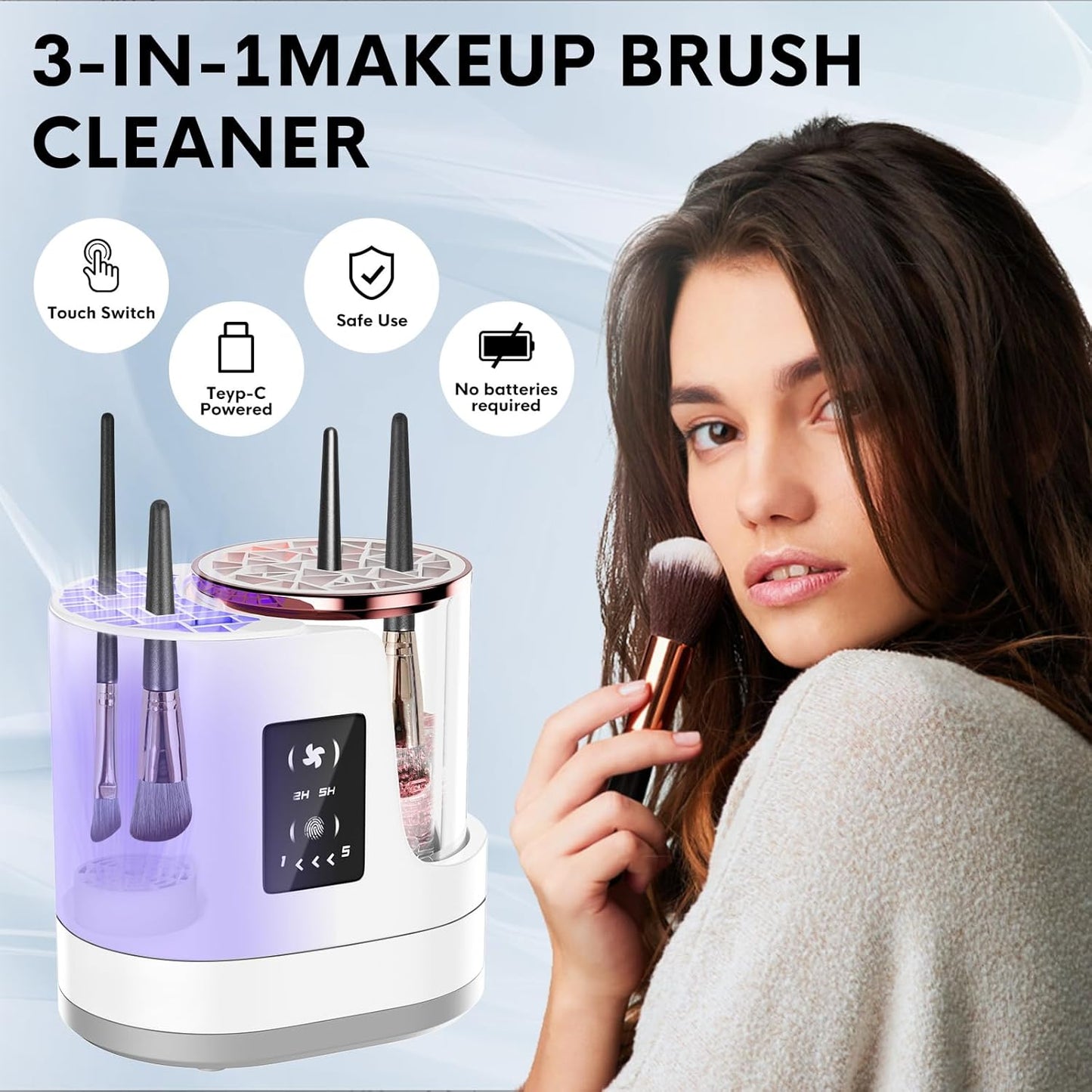 3 IN 1 Electric Makeup Brush Cleaner,Automatic Makeup Brush Cleaner with Makeup Brush Dryer,Portable USB Deep Cleaning for All Size Beauty Makeup Brush Set,Blush Brush,Sponges