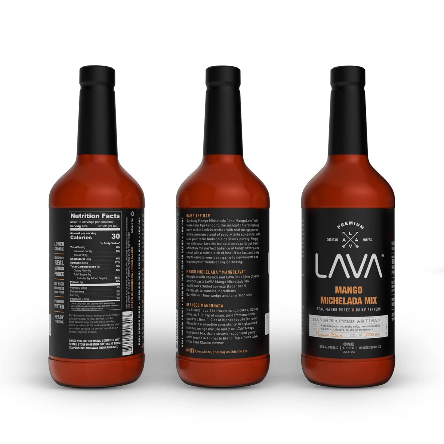 (3-Pack) LAVA Premium Mango Michelada Mix Made With Real Mango Puree, Ancho Chile Peppers, New Mexico Chile, Tamarind, Vegan, 1-Liter (33.8oz) Glass Bottle, Ready to Use