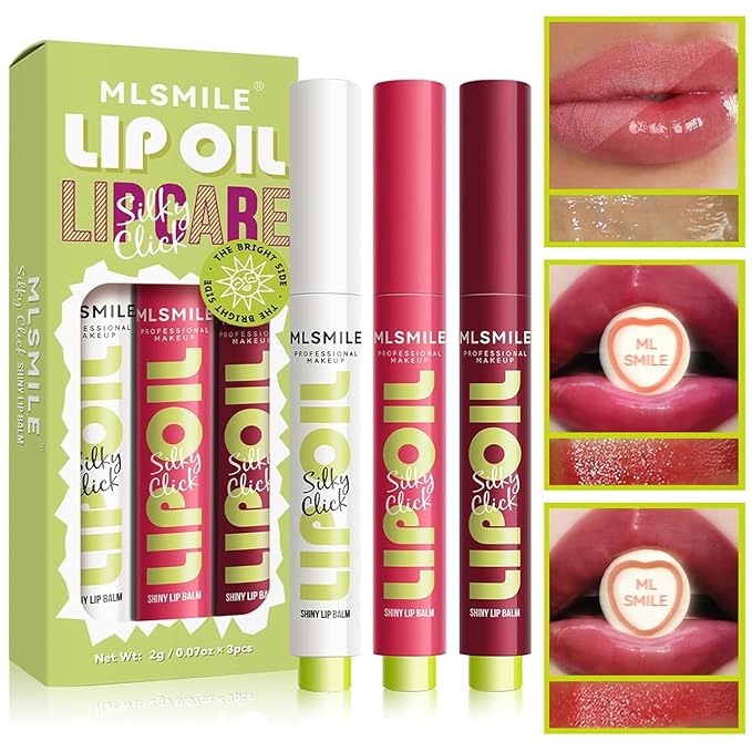 3 Colors Fat Lip Oil Click Slick, Moisturizing and Long-lasting Lip Balm, Non-stick and High Pigment Lip Glow Oil, Lightweight Lip Plumper with Coconut Oil (Set: A)