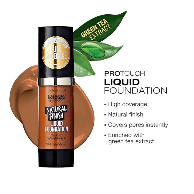 Kiss New York Professional Liquid Foundation - Lightweight and Hydrating Formula, Natural Finish, Control Shine, Cover Pores, Medium to Full Coverage, Green Tea Extract (Maple)