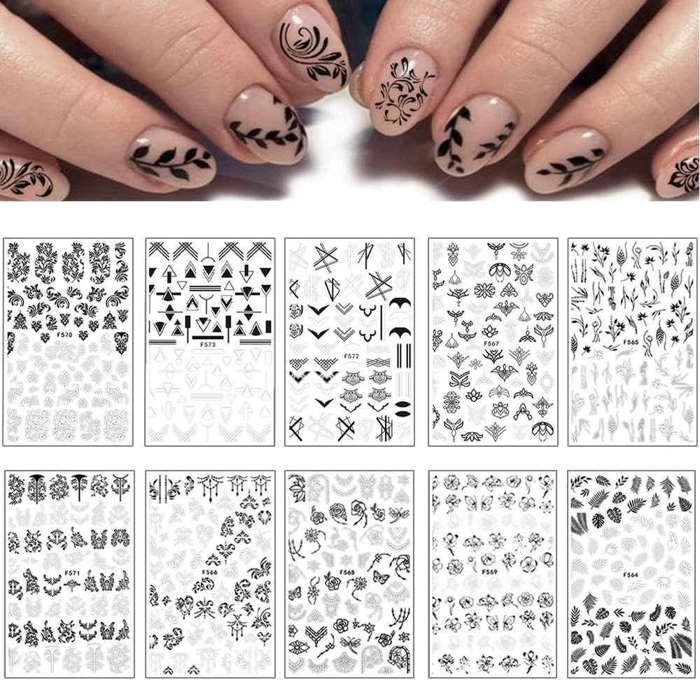 10 Sheets Black White Leaves Flower Nail Art Stickers 3D Self-Adhesive Retro Floral Vine Pattern Nail Decals Tropical Plants Mandala Leaf Geometry Transfer Decals Nail Art Decorations for Women Girls