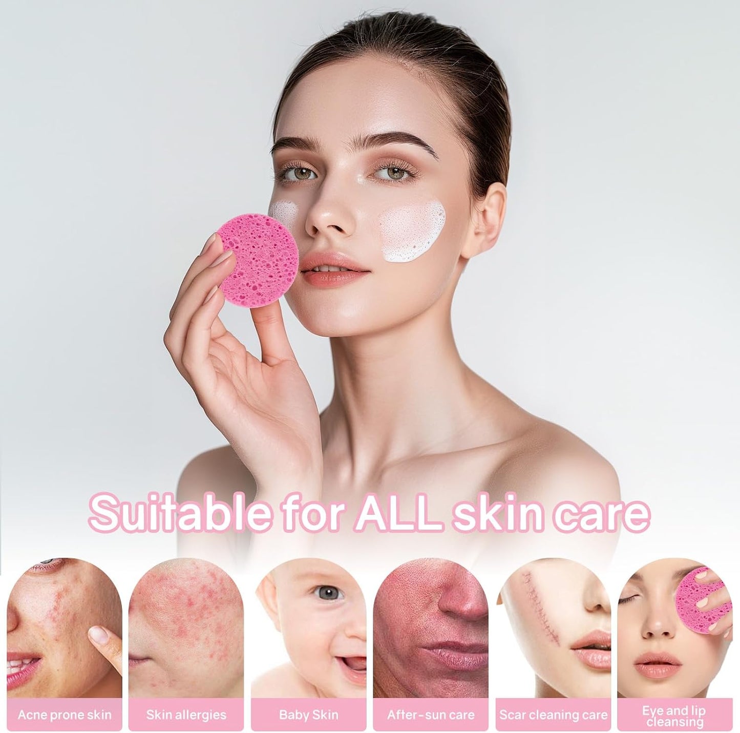 50-Count Compressed Facial Sponges,100% Natural Cellulose Cosmetic Make Up Sponges for Face Daily Facial Cleansing,Exfoliating,Makeup Removal(Pink)